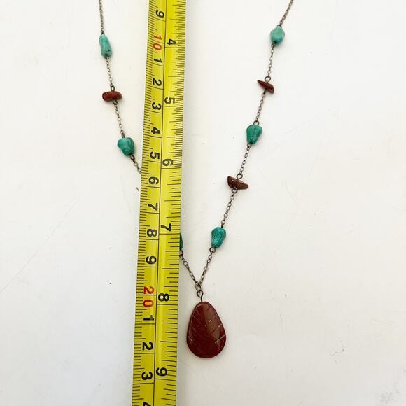 Turquoise and Coral Necklace Sterling‎ Silver Boho Southwestern Natural Stone - Picture 3 of 3